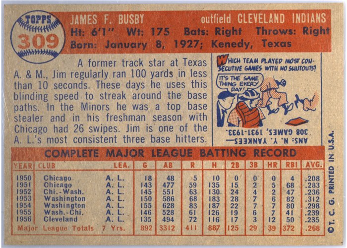 1957 Topps #309 Jim Busby, Cleveland Indians card back