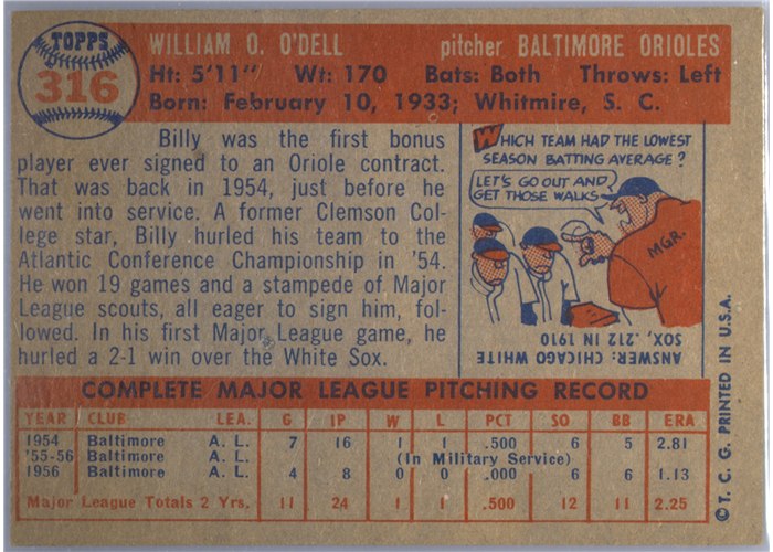 1957 Topps #316 Billy O'Dell, Baltimore Orioles card back