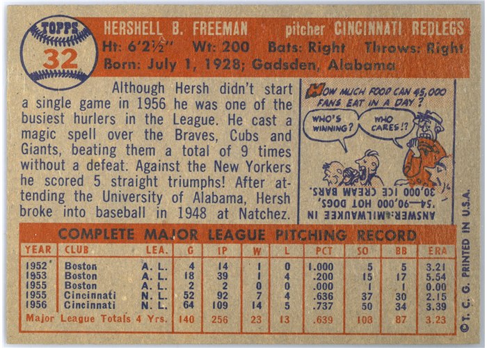 1957 Topps #32 Hershell Freeman, Cincinnati Redlegs card back