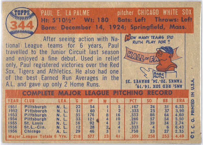 1957 Topps #344 Paul LaPalme, Chicago White Sox card back