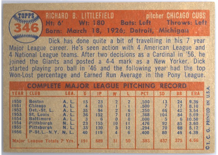 1957 Topps #346 Dick Littlefield, Chicago Cubs card back