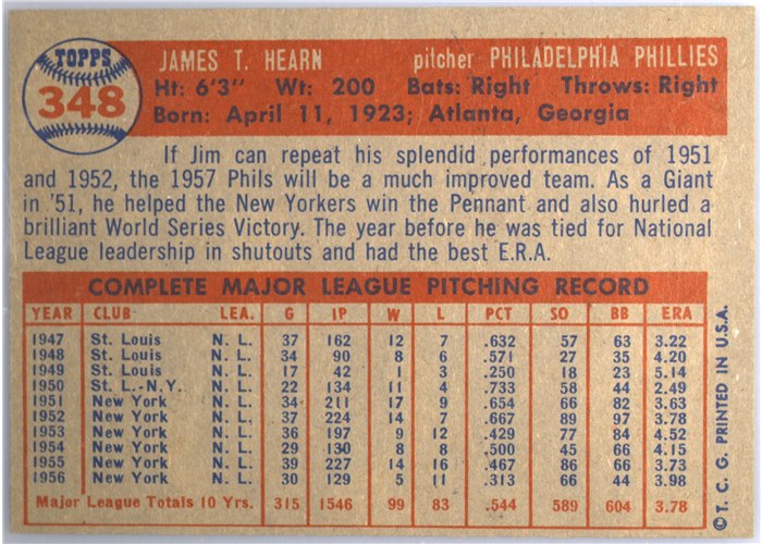 1957 Topps #348 Jim Hearn, Philadelphia Phillies card back