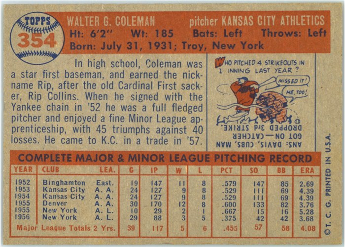 1957 Topps #354 Rip Coleman, Kansas City Athletics card back