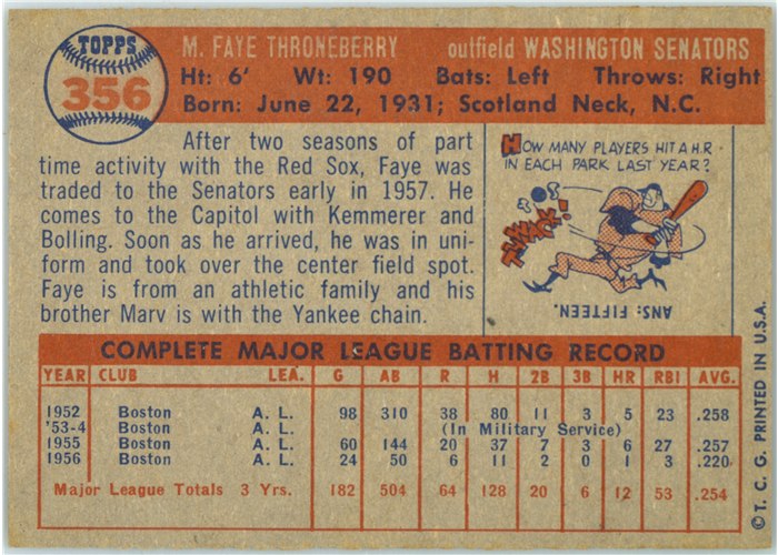 1957 Topps #356 Faye Throneberry, Washington Senators card back