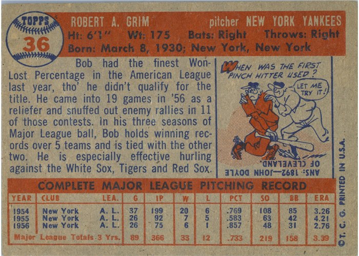 1957 Topps #36 Bob Grim, New York Yankees card back