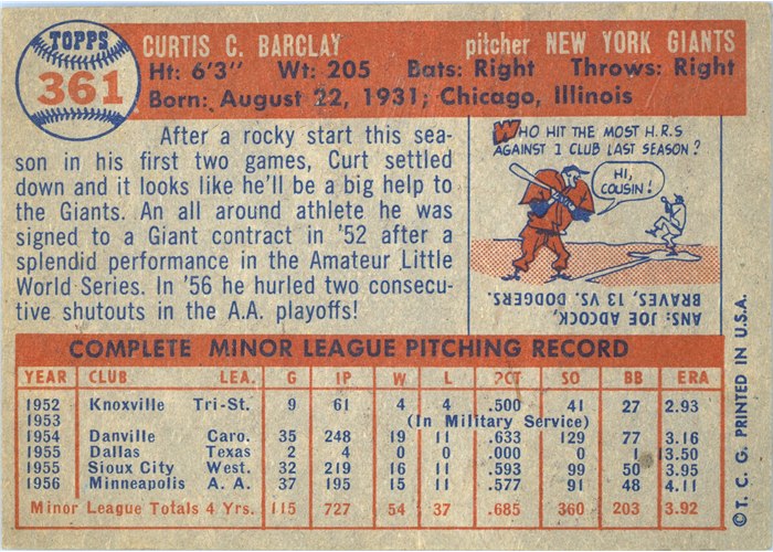 1957 Topps #361 Curt Barclay, New York Giants card back