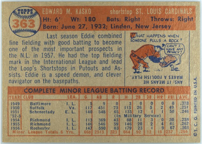 1957 Topps #363 Eddie Kasko, St. Louis Cardinals card back