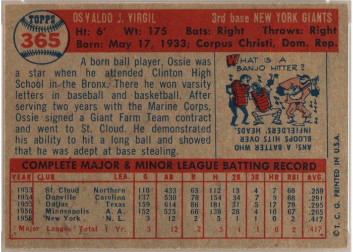 1957 Topps #365 Ozzie Virgil, New York Giants card back