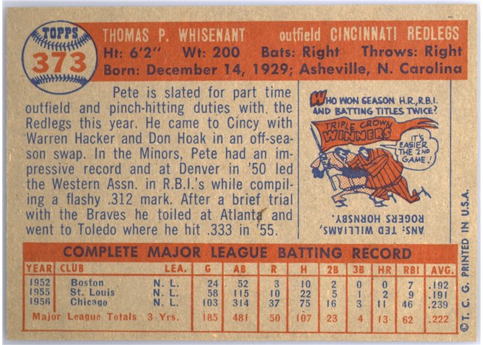 1957 Topps #373 Pete Whisenant, Cincinnati Redlegs card back