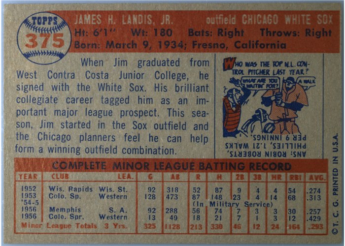 1957 Topps #375 Jim Landis, Chicago White Sox card back