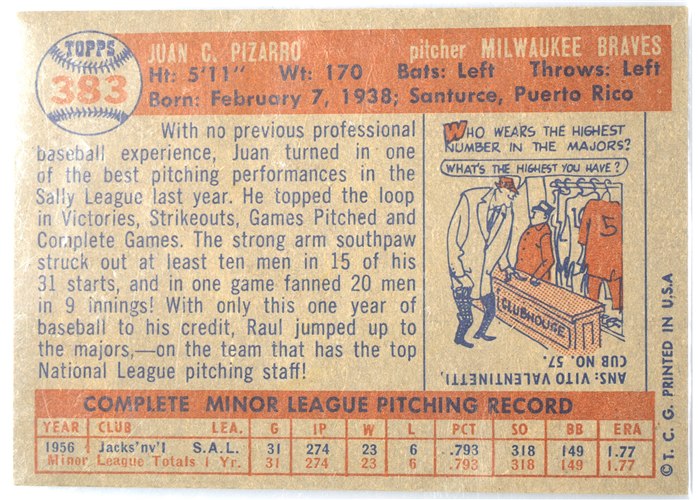1957 Topps #383 Juan Pizarro, Milwaukee Braves card back