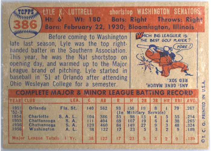 1957 Topps #386 Lyle Luttrell, Washington Senators card back