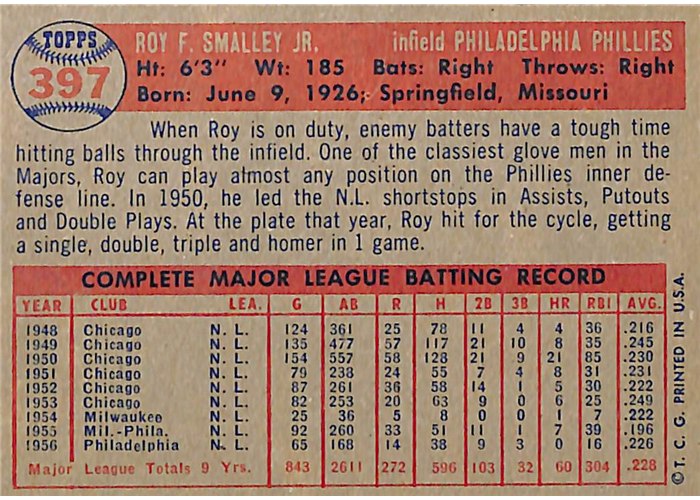 1957 Topps #397 Roy Smalley, Philadelphia Phillies card back
