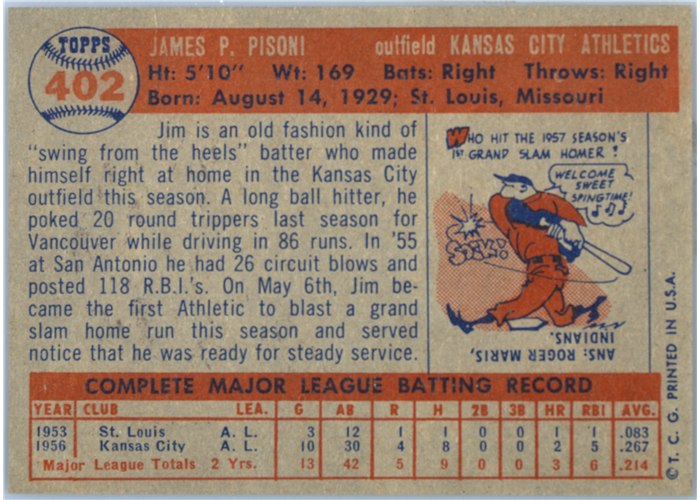 1957 Topps #402 Jim Pisoni, Kansas City Athletics card back