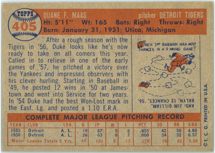1957 Topps #405 Duke Maas, Detroit Tigers card back