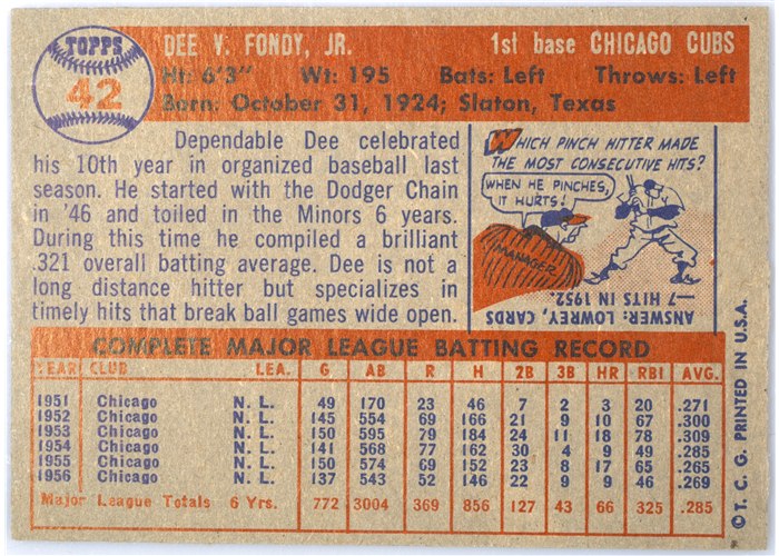 1957 Topps #42 Dee Fondy, Chicago Cubs card back