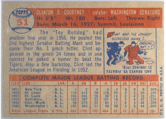 1957 Topps #51 Clint Courtney, Washington Senators card back