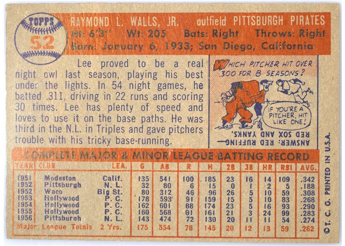 1957 Topps #52 Lee Walls, Pittsburgh Pirates card back