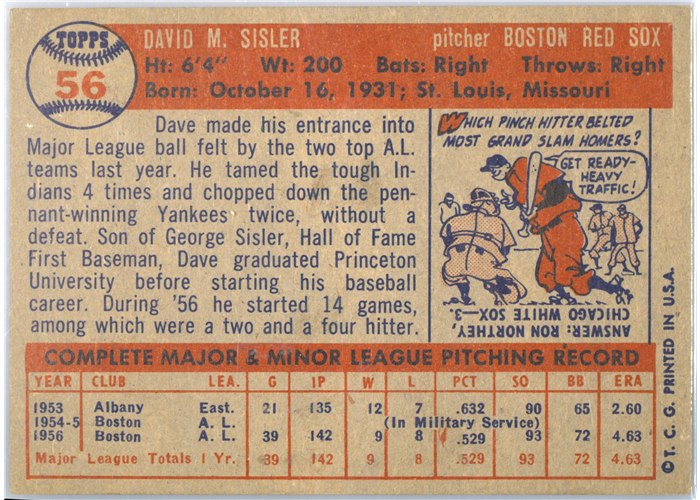 1957 Topps #56 Dave Sisler, Boston Red Sox card back