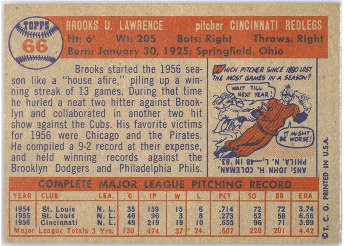 1957 Topps #66 Brooks Lawrence, Cincinnati Redlegs card back