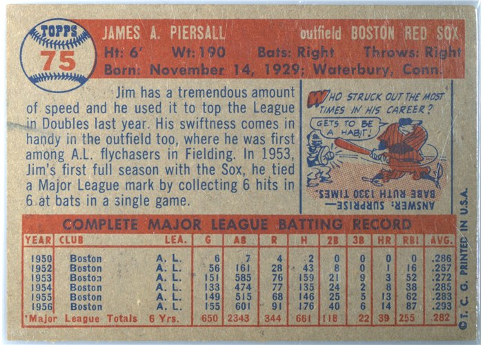 1957 Topps #75 Jimmy Piersall, Boston Red Sox card back