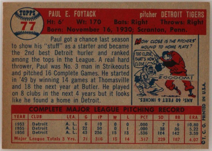 1957 Topps #77 Paul Foytack, Detroit Tigers card back