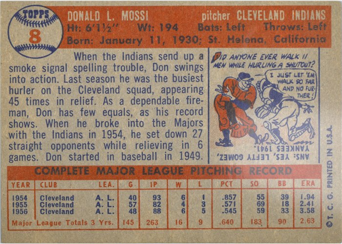 1957 Topps #8 Don Mossi, Cleveland Indians card back