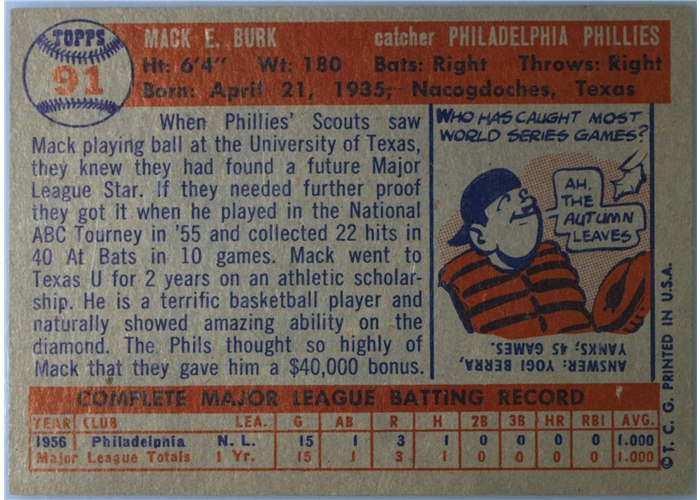 1957 Topps #91 Mack Burk, Philadelphia Phillies card back