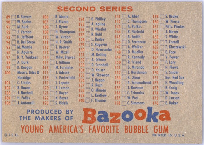 1957 Topps Checklist 1/2 Bazooka card back