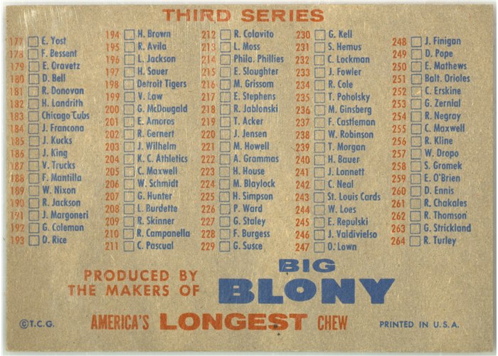 1957 Topps Checklist 2/3 Big Blony card back