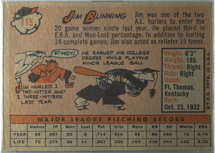 1958 Topps #115 Jim Bunning, Detroit Tigers card back