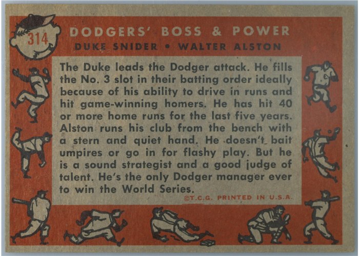 1958 Topps #314 Dodgers' Boss & Power - Duke Snider / Walt Alston, Los Angeles Dodgers card back