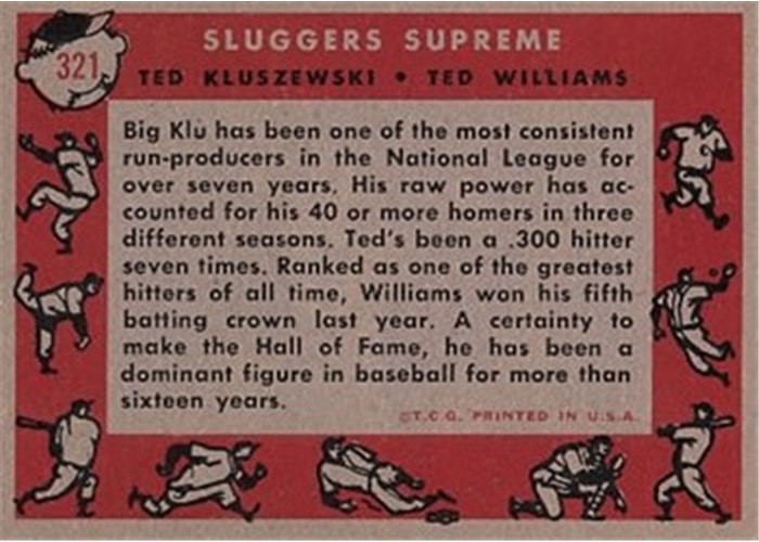 1958 Topps #321 Sluggers Supreme - Ted Kluszewski / Ted Williams, Boston Red Sox card back