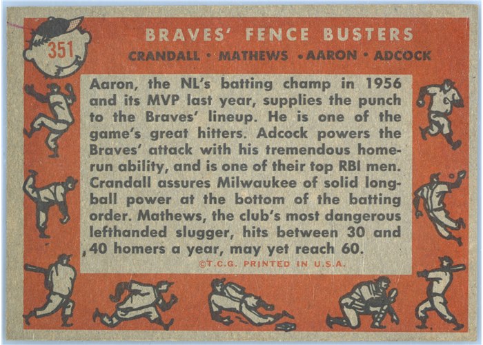 1958 Topps #351 Braves' Fence Busters - Del Crandall / Eddie Mathews / Hank Aaron / Joe Adcock, Milwaukee Braves card back