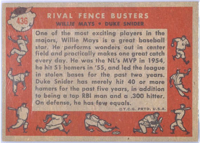 1958 Topps #436 Rival Fence Busters - Willie Mays / Duke Snider, Los Angeles Dodgers card back