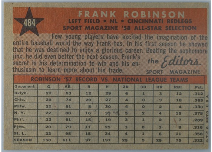 1958 Topps #484 Frank Robinson, Cincinnati Reds card back