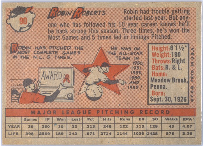 1958 Topps #90 Robin Roberts, Philadelphia Phillies card back