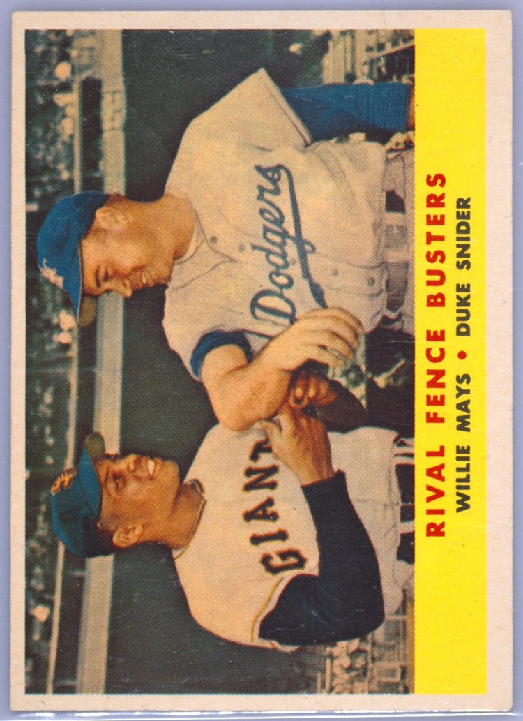 1958 Topps #436 Rival Fence Busters - Willie Mays / Duke Snider, Los Angeles Dodgers