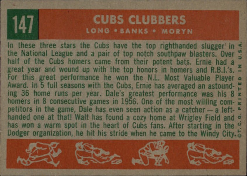 1959 Topps #147 Dale Long / Ernie Banks / Walt Moryn "Cubs' Clubbers" (back)
