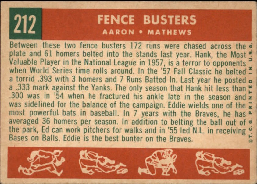 1959 Topps #212 Hank Aaron / Eddie Mathews "Fence Busters" (back)