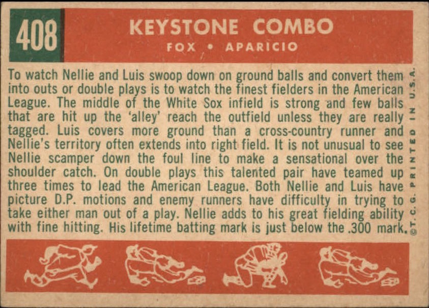 1959 Topps #408 Nellie Fox / Luis Aparicio "Keystone Combo" (back)