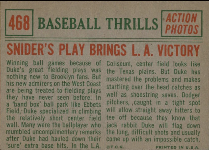 1959 Topps #468 Duke Snider (back)