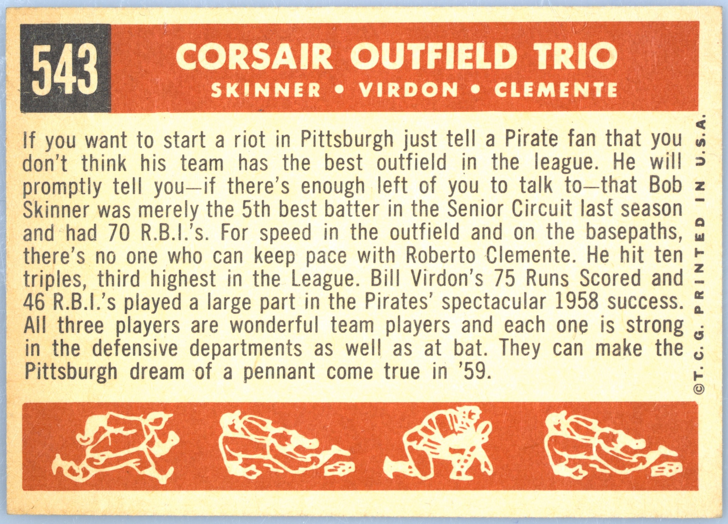 1959 Topps #543 Bob Skinner / Bill Virdon / Roberto Clemente "Corsair Outfield Trio" (back)