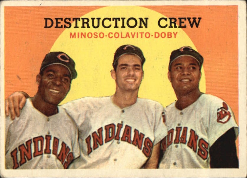 1959 Topps #166 Minnie Minoso / Rocky Colavito / Larry Doby "Destruction Crew", Cleveland Indians (front)