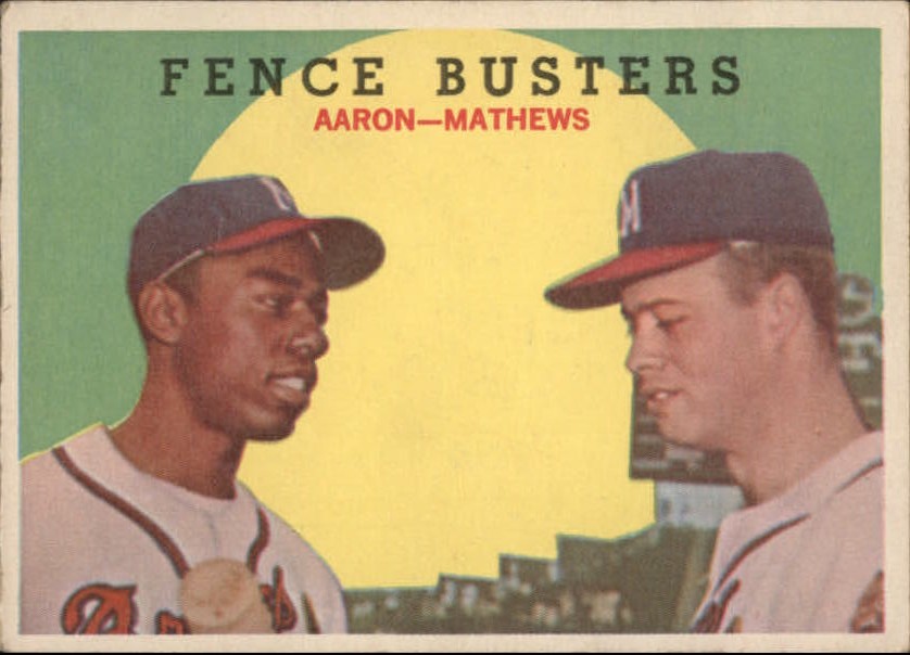 1959 Topps #212 Hank Aaron / Eddie Mathews "Fence Busters", Milwaukee Braves (front)