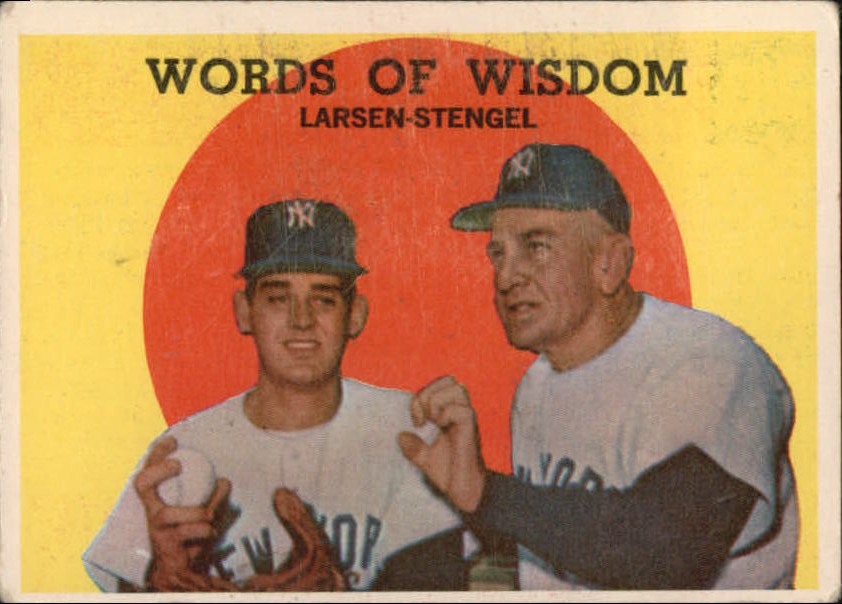 1959 Topps #383 Don Larsen / Casey Stengel "Words of Wisdom", New York Yankees (front)