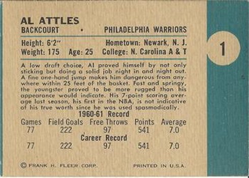 1961-62 Fleer Basketball #1 Al Attles back (printed sideways)