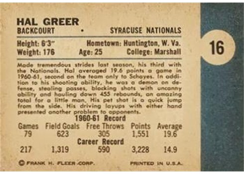 1961-62 Fleer Basketball #16 Hal Greer back (printed sideways)
