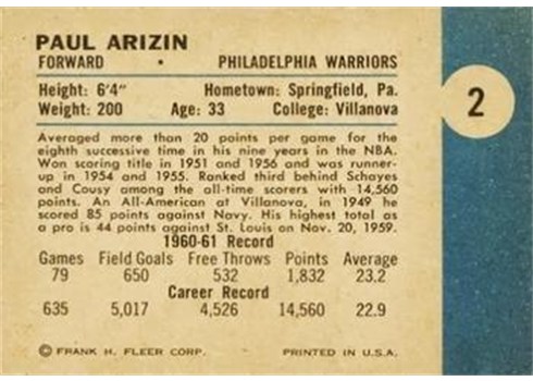 1961-62 Fleer Basketball #2 Paul Arizin back (printed sideways)