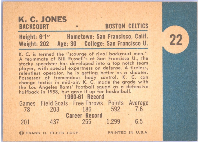 1961-62 Fleer Basketball #22 K.C. Jones back (printed sideways)